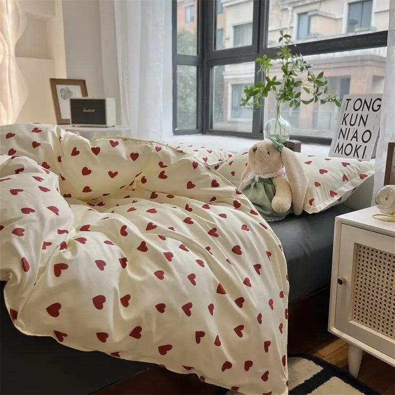 Romantic Cherry Heart Duvet Cover Set Flat Sheet Pillowcases Fashion New Twin Full Floral Bedding Set