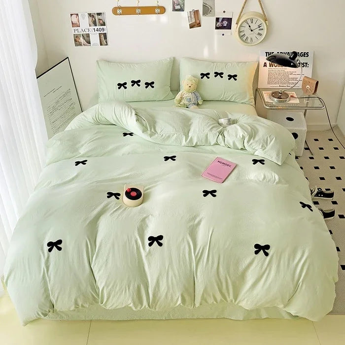 Girls Bedding Set with Bow Korean Breathable Duvet Cover No Filler Flat Sheet Pillowcases Mix Color Comforter Cover Set