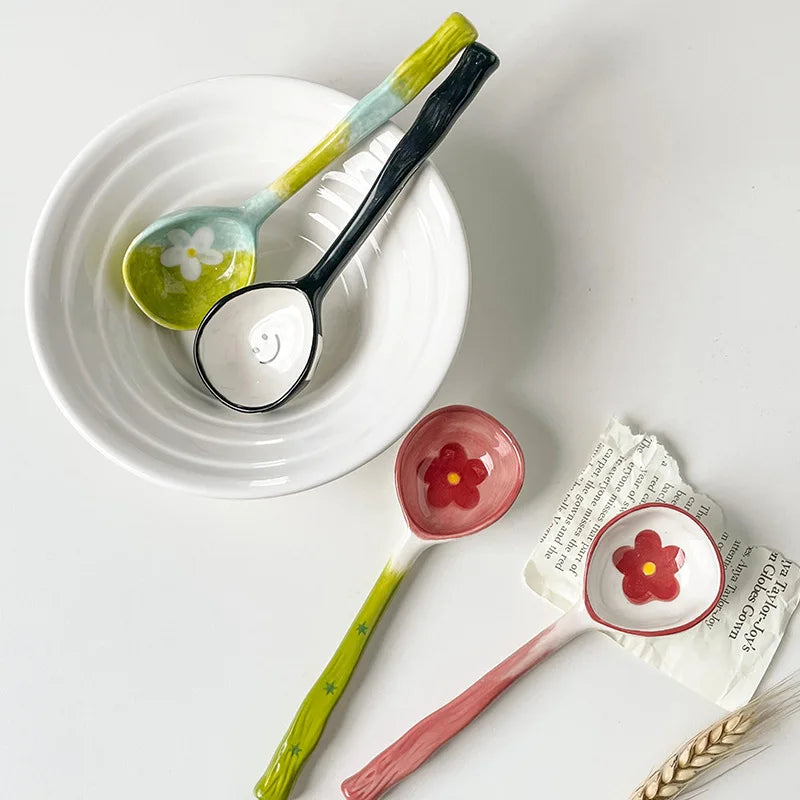 Kawaii Cute Ceramic Flower Spoon Hand Painted Dessert Spoon With Long Handle