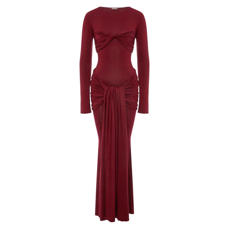 Female Pleated Sexy Maxi Dress Patchwork Twist Slim Long Sleeve Solid Women's Bodycon Dress