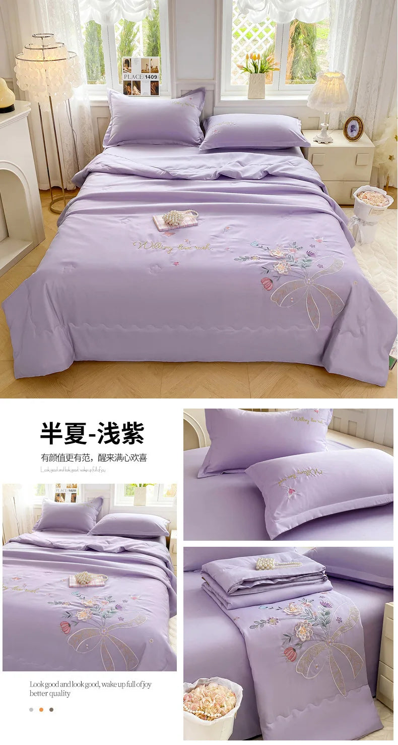 Super Soft Washed Cotton Three-Dimensional Flower Embroidered Summer Quilt Four-Piece Set