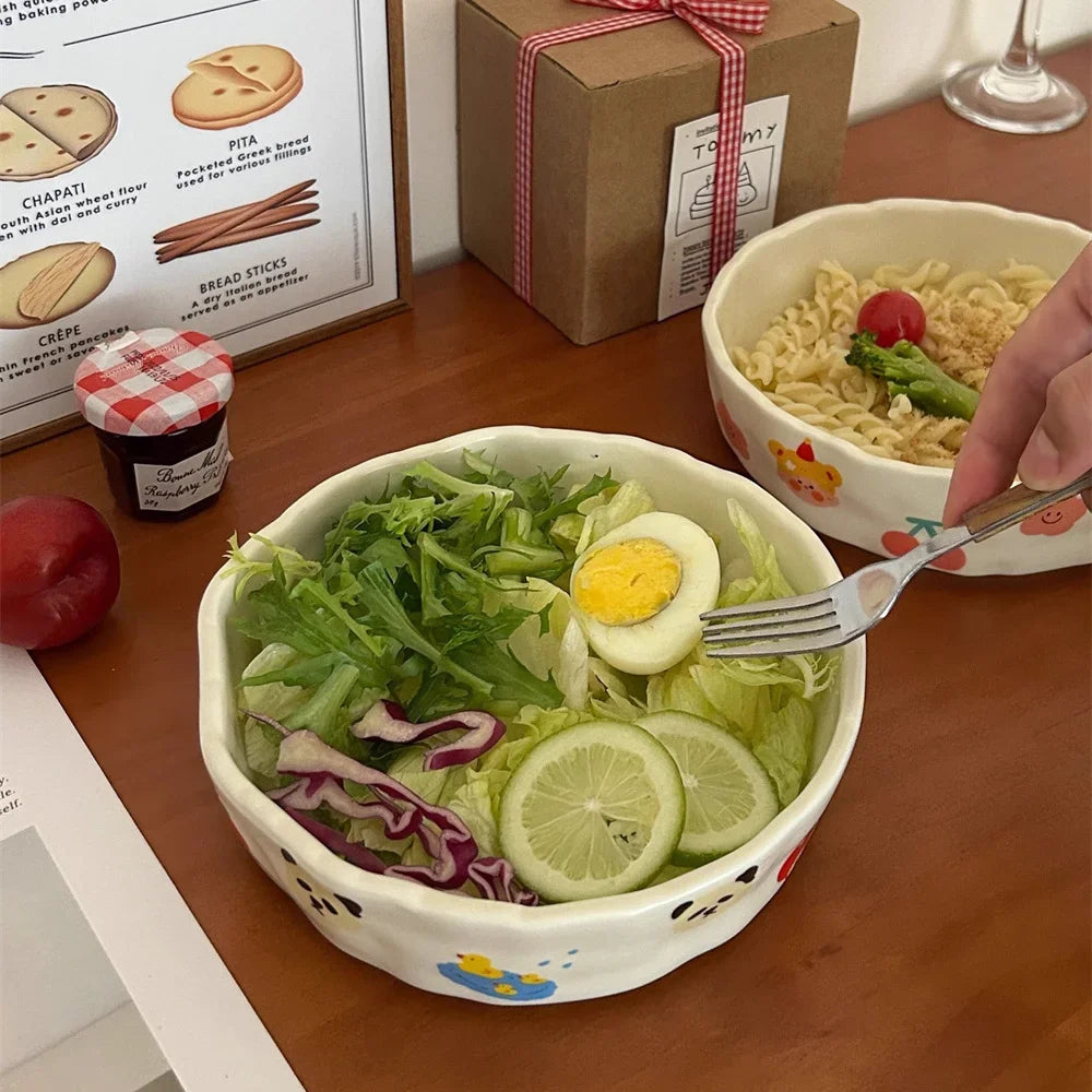 Cute Little Design Matte Hand Pressed Ceramic Deep Plate Cartoon Bowl