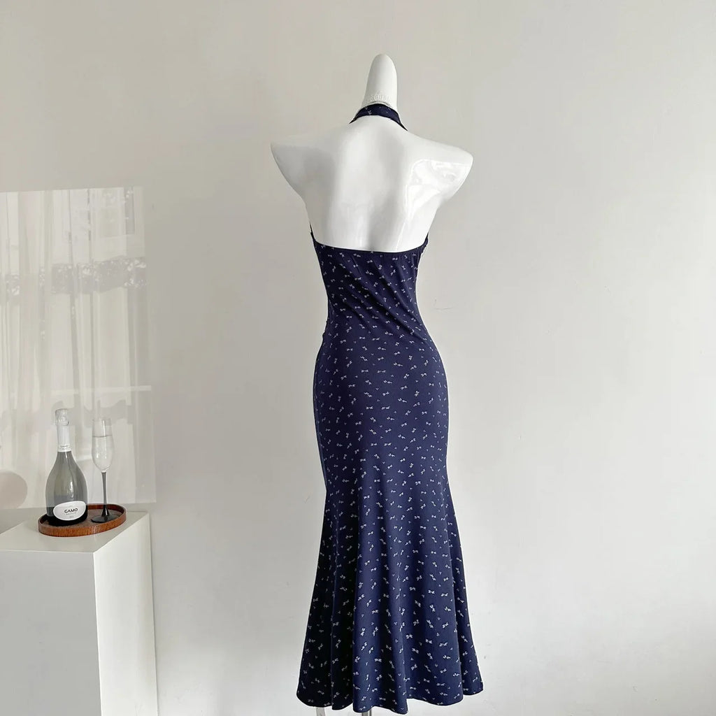 Women Stylish Maxi Trumpet Mermaid Halter Dress Backless One-Piece Dress