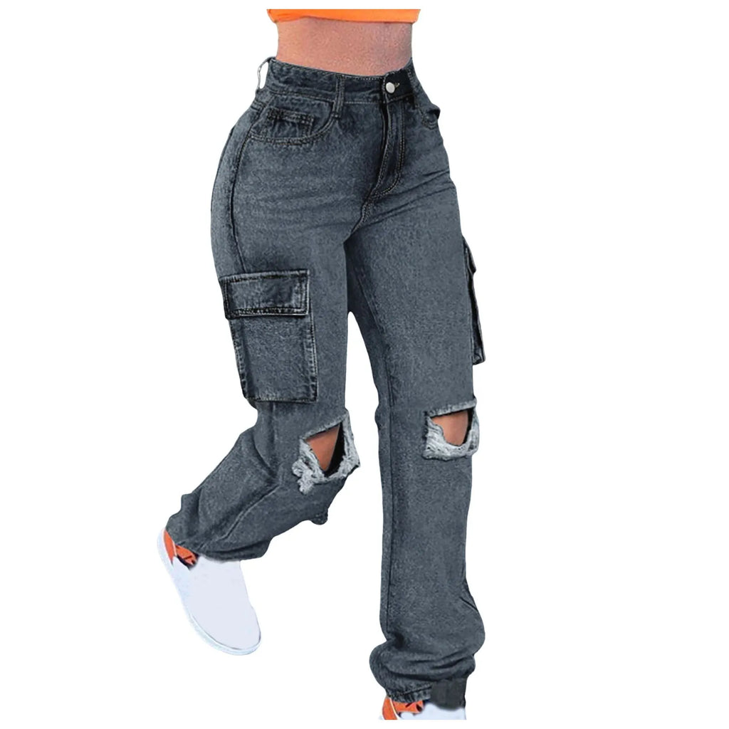 Women's Washed Baggy Pocket Cargo Straight Trousers Jeans Ladies Streetwear