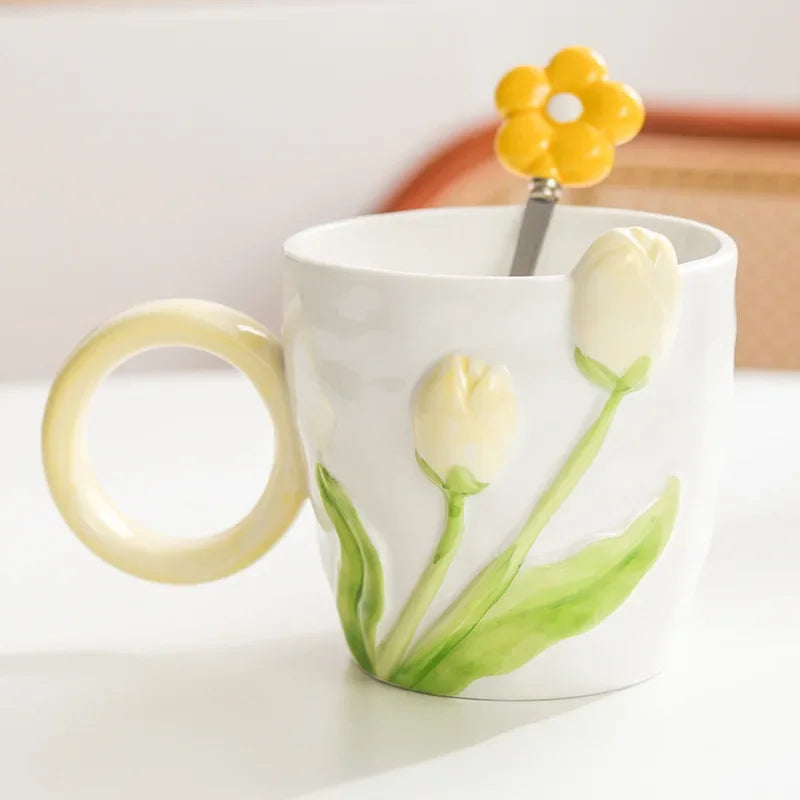 Tulip Flower Ceramic Mug Three-dimensional Design Creative Girl Heart Cup
