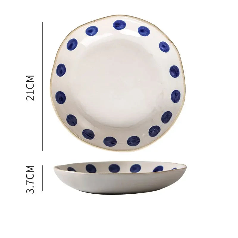 Vintage Hand Painted Dots Daisy Pottery Deep Plates Creative Moon Star Steak Flat Plate Handmade Salad Dinner Dishes