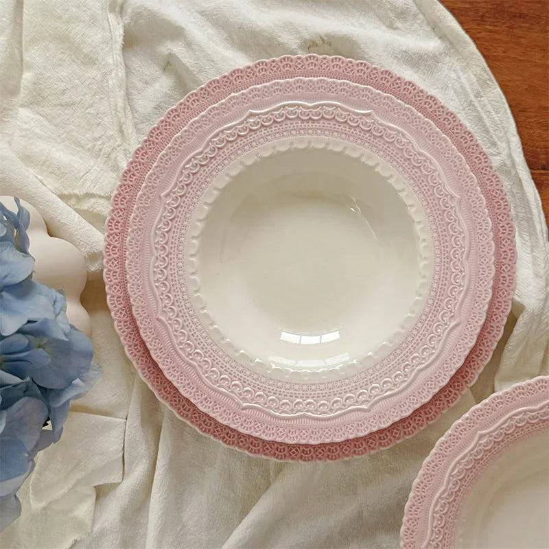 Pink Ceramic Plate French Underglaze Colored Plate Dinner Set Plates and Dishes