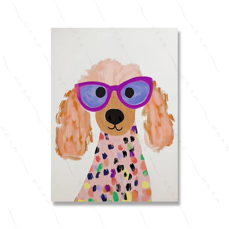 Cool Poodle Wall Art Cute Dog with Sunglasses Rabbit Colorful Kids Room Decor Modern Nursery Art Party Animal Illustration