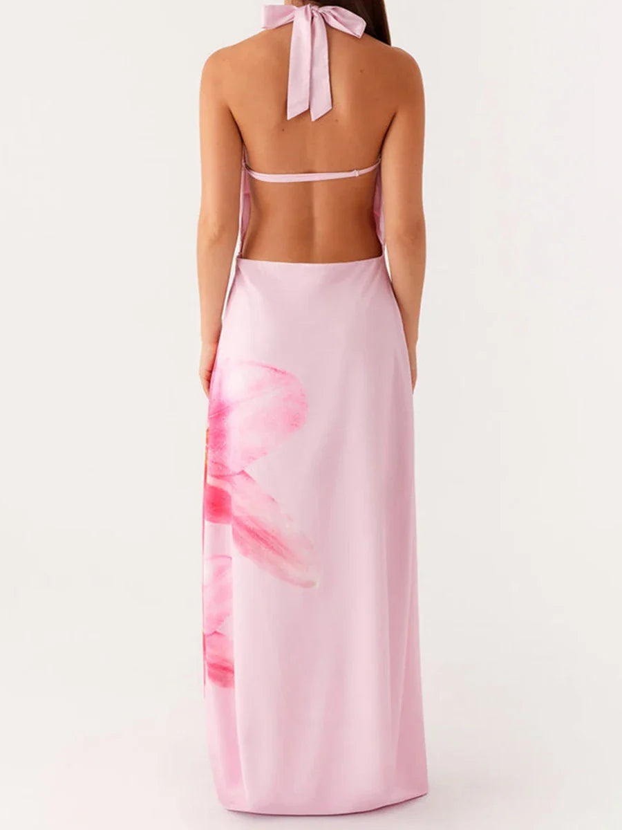 Summer Elegant Floral Print Sleeveless Halterneck Maxi Dress with Open Back