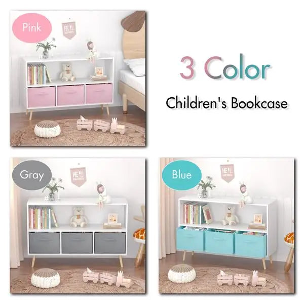 White/Pink Kids Bookcase with Collapsible Fabric Drawers, Children's Book Display, Toy Storage Cabinet Organizer