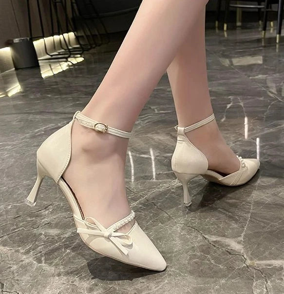 Women Pearl Pumps Heeled Pointed Toe with Side Bowknot
