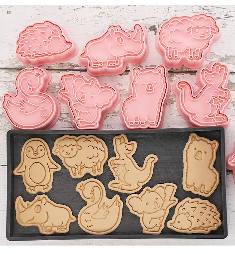 Cookie Cutters Plastic 3D Cute Cartoon Pressable Biscuit Mold Cookie Stamp Kitchen Baking Pastry Bakeware 8 Pcs/set