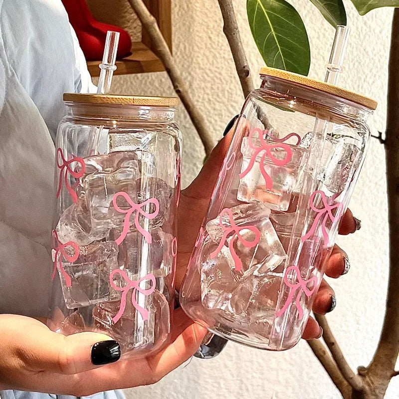 Cute Bow Glass Cup Tumbler Mason Jar Shaped With Lids & Straw