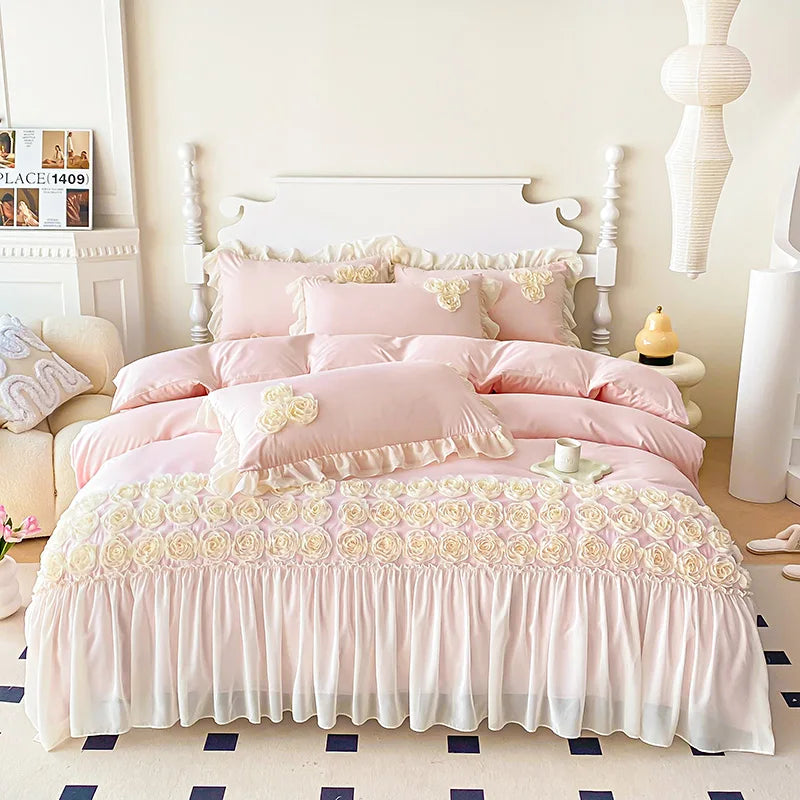 Soft Three-dimensional Flowers Embroidery Lace Ruffles Princess Bedding Set Duvet Cover With Pillowcases