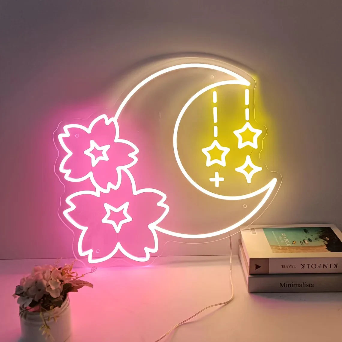 Sakura and Moon Neon Sign, Cherry Blossom