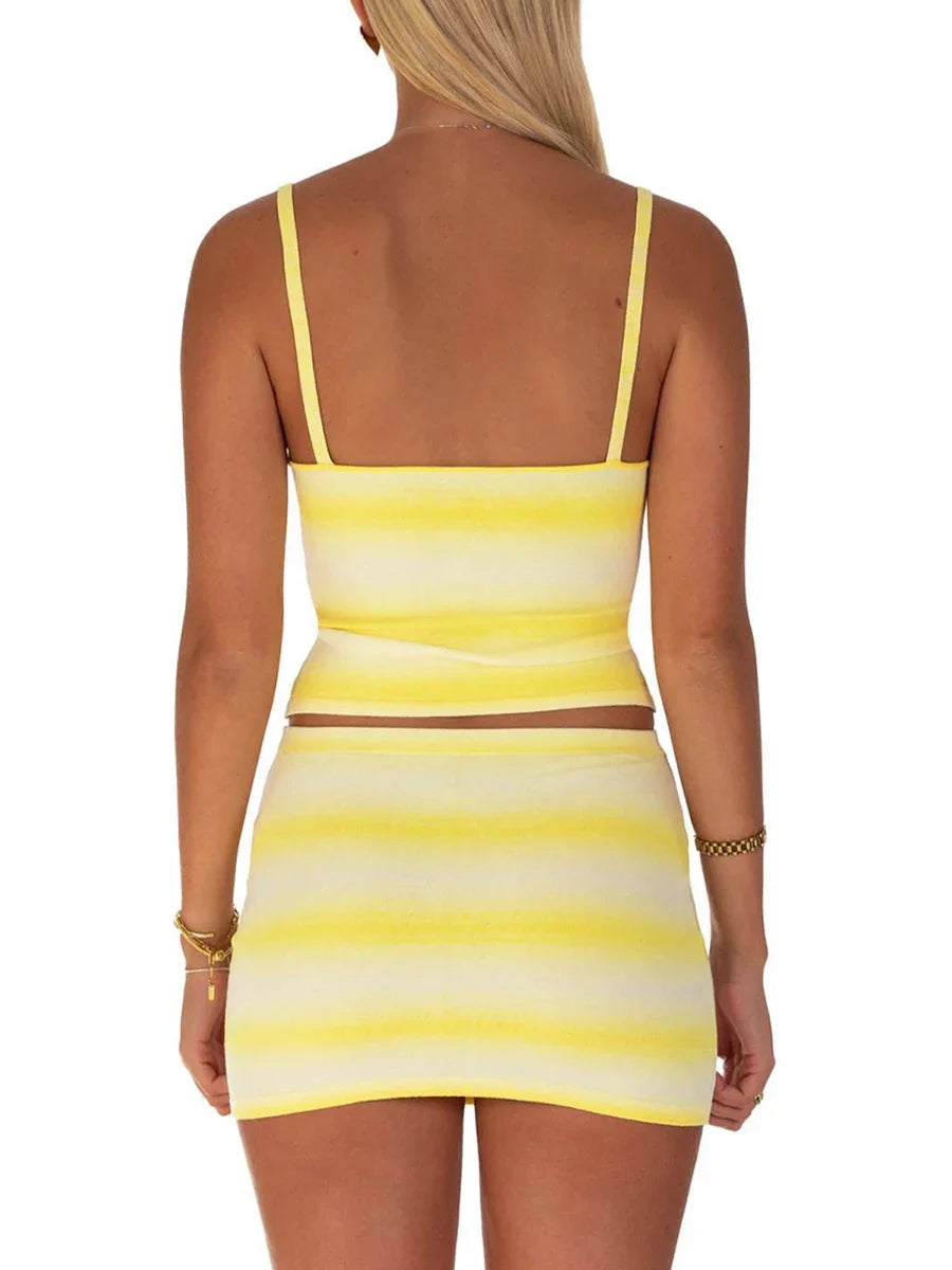 Women's 2 Pieces Summer Skirt Sets Gradient Striped Square Neck Sleeveless Crop Cami Tops Low Waist Mini Skirt