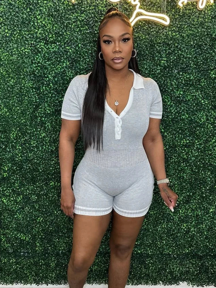 Women Romper Single-Breasted Polo Neck Shorts Sleeve Summer Simple Streetwear Sporty Activity Fitness Playsuit