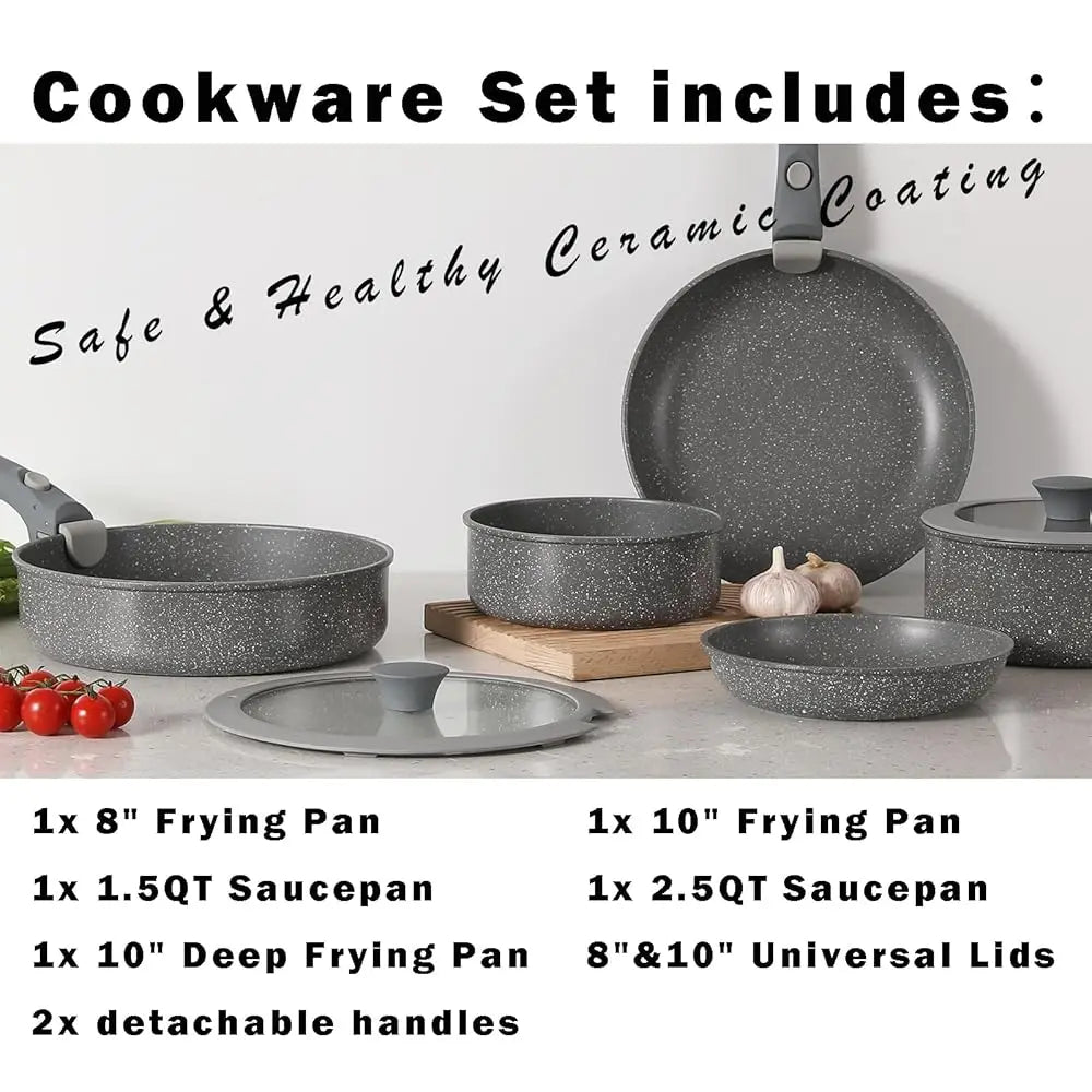 Pink Grey Non-stick Pot And Pan Sets With Removable Handle, Ceramic Cookware Set Detachable Handle, Induction Kitchen