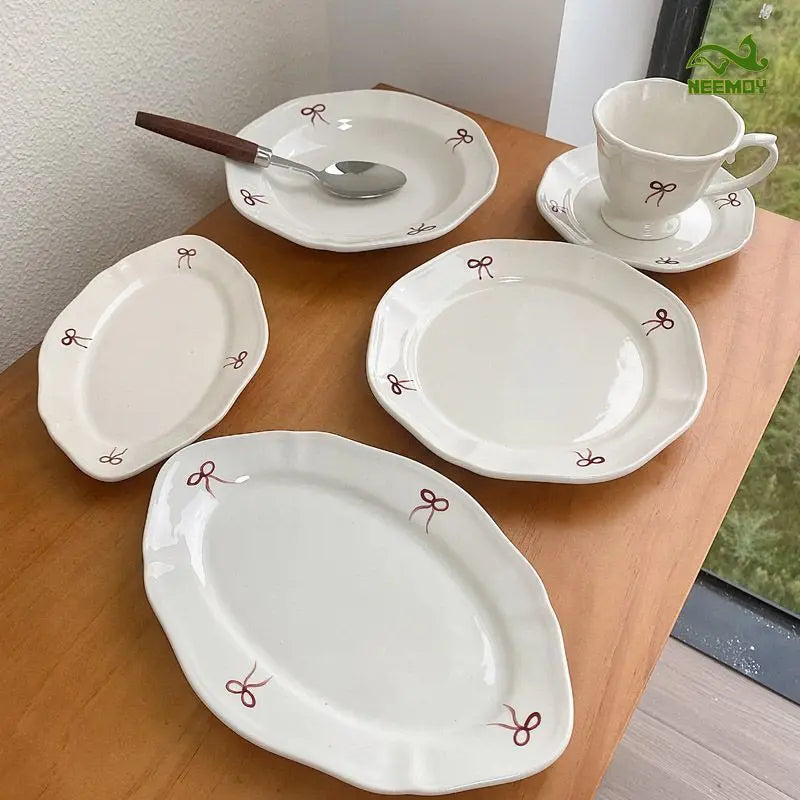 Vintage Red Bow Plate Deep Plate Underglaze Colored Ceramic Tableware Dishes