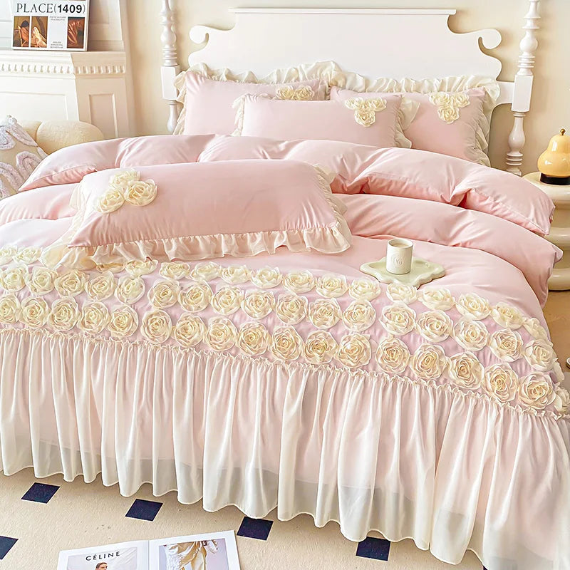 Soft Three-dimensional Flowers Embroidery Lace Ruffles Princess Bedding Set Duvet Cover With Pillowcases
