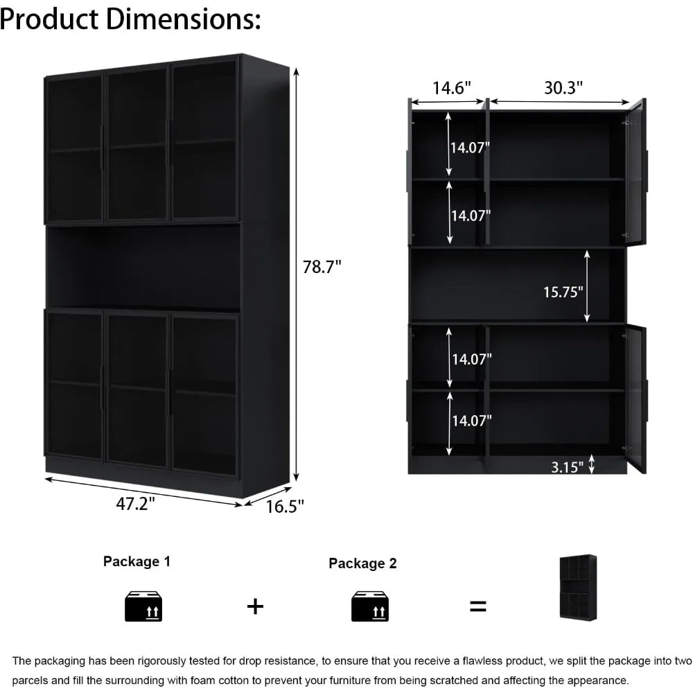 Glass Doors Display Cabinet with Lights and Shelves, Storage Cabinets Morden Bookcase Trophy Case Display Cabinet with Hutch for
