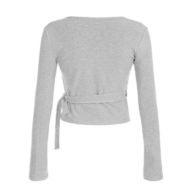 Fashion Drawstring High Waist Trousers Set Lace Up Flared Sleeve V Neck Twist Tops Plush Loose Pants Suit