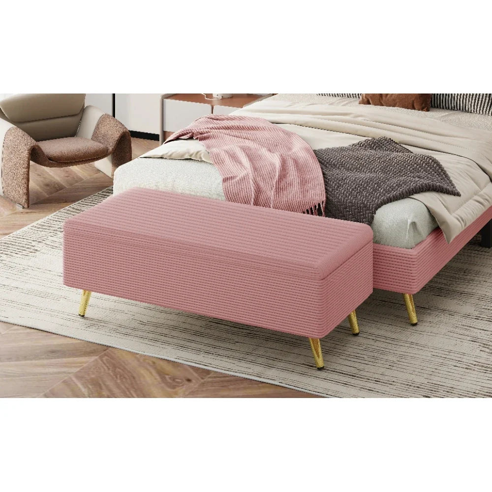 Pink 2 Pieces Bedroom Sets Queen Size Upholstered Bed Frame, Modern Corduroy Storage Ottoman