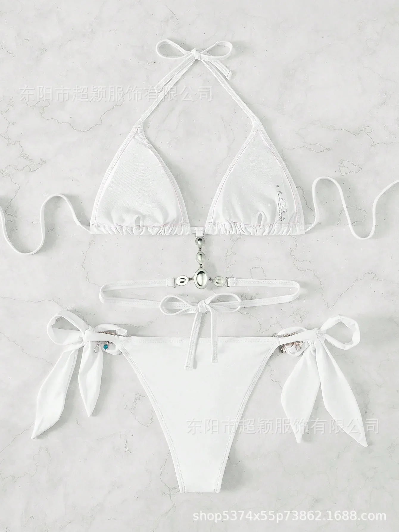 Women's Swimwear Crystal Diamond Triangle Bandage Backless Beach Bikini Swimsuit