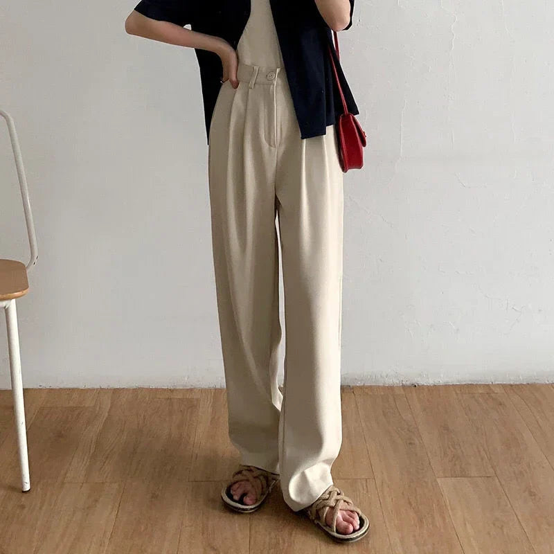 High Waist Women Suit Pants Fall Straight Office Ladies Fashion Trousers Casual Button Loose