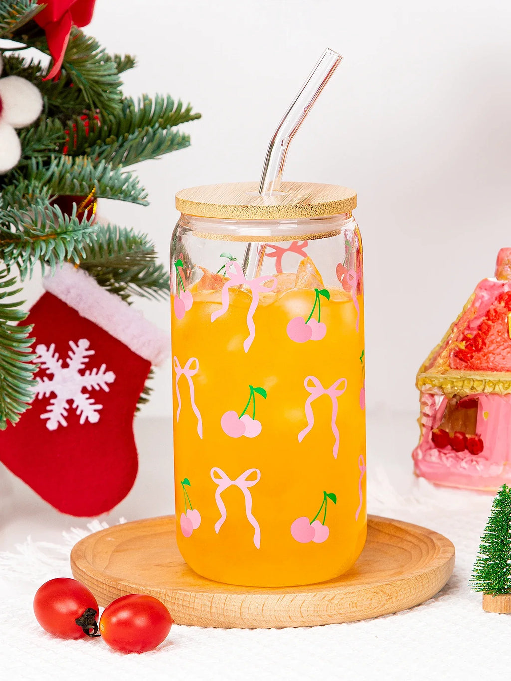 Cute Bow Glass Cup Love Cherry Bow Pattern With Lids & Straw 500ml