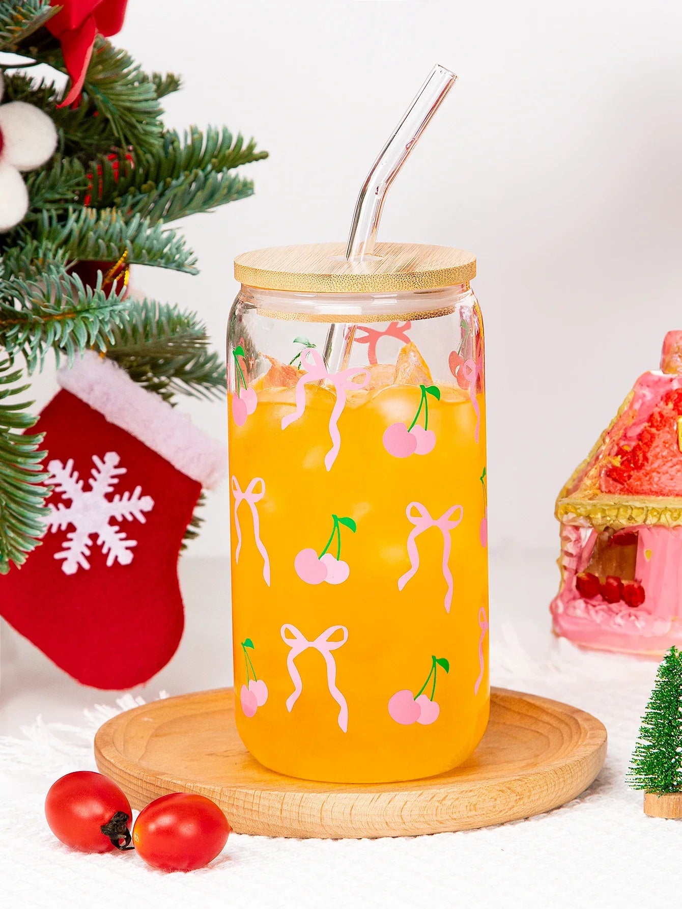 Cute Bow Glass Cup Love Cherry Bow Pattern With Lids & Straw 500ml