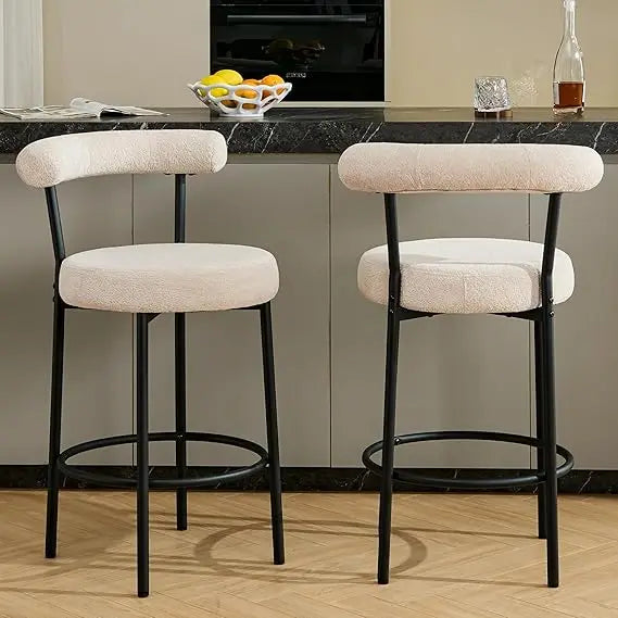 Modern Bar Stools Set of 2 Counter Height Bar stools with Curved Open Back 4'' Round Thick Upholstered Wrinkled Velvet Fabric Set