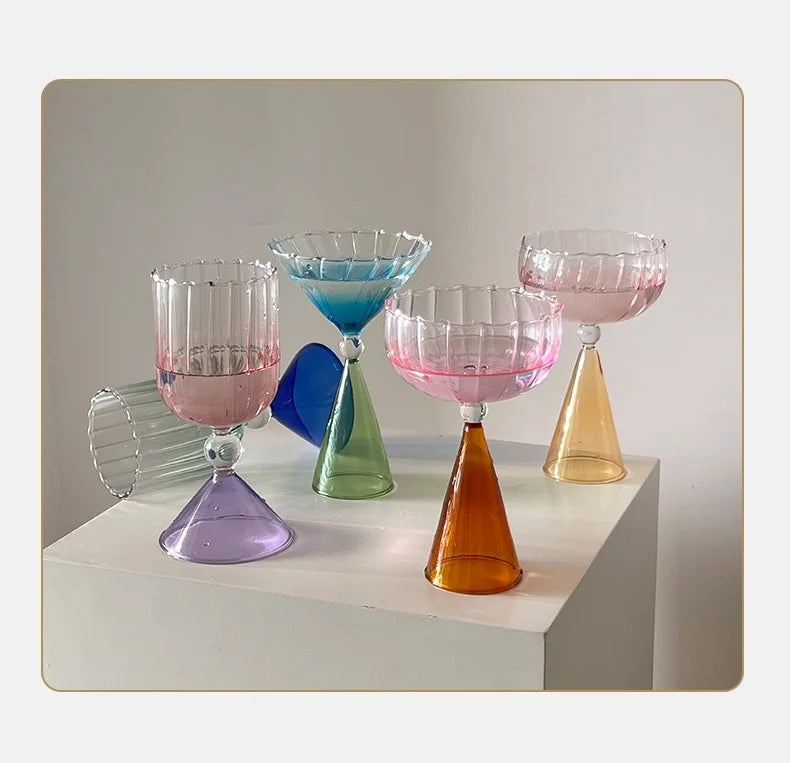 Clear Two Tone Green Blue Amber Purple Colored Ripple Style Martini Mojito Champagne Margarita Cocktail Glasses Goblet Cup