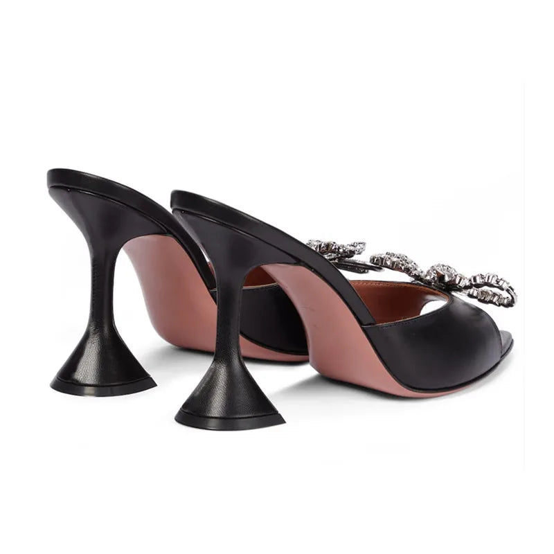 Ladies Black PU Leather Crystal Bowknot Women Slippers Sandals Fashion Goblet Heeled High heels Mules Slides Shoes