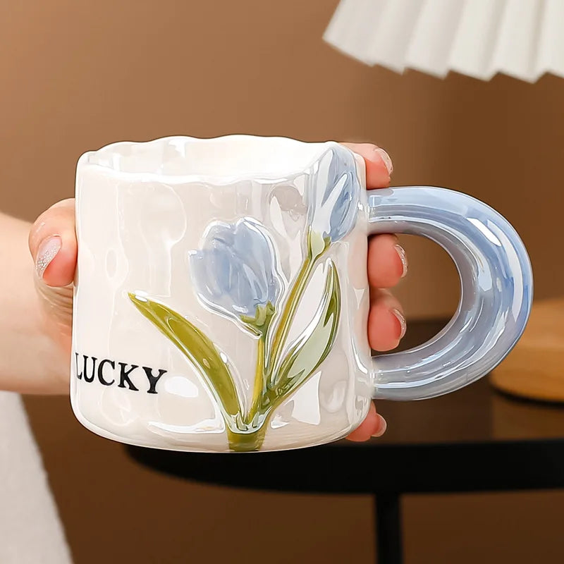 Creative Tulip Ceramic Cup with Handle Spoon Mugs