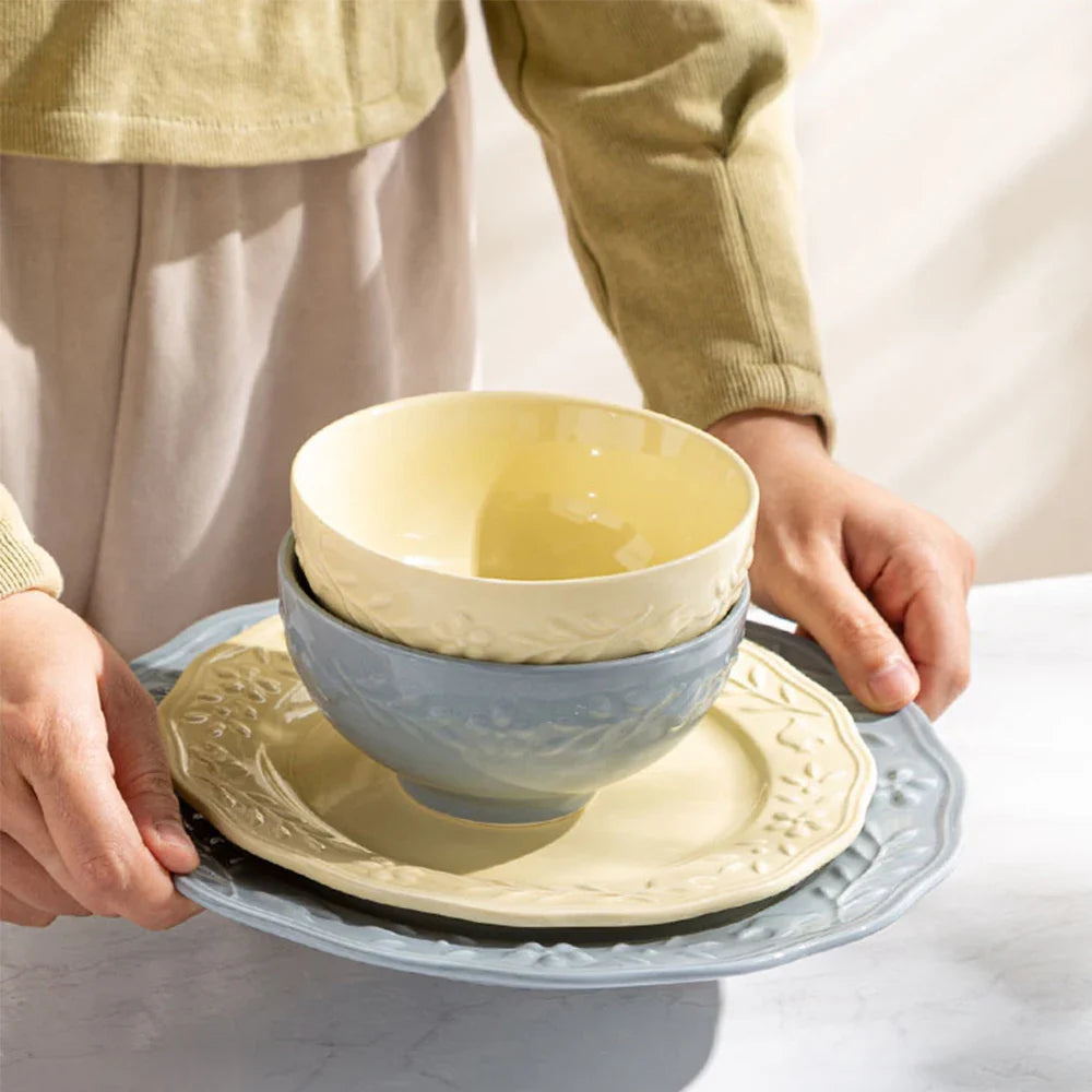 Glossy Solid Ceramic Serving Plate Floral Print Cute Bowl Versatile Dishes Simple Kitchen Tablewares