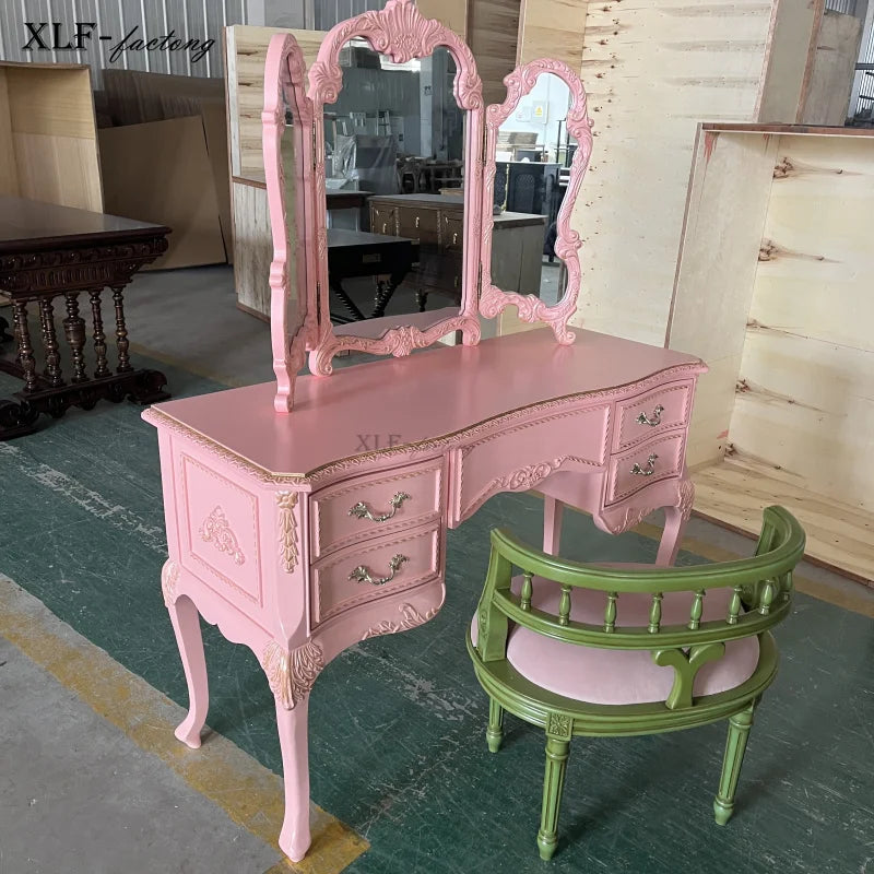Retro Old Pink Dresser Nordic Makeup Stool Glass Combination European Solid Wood Carving Flower Dressing Table