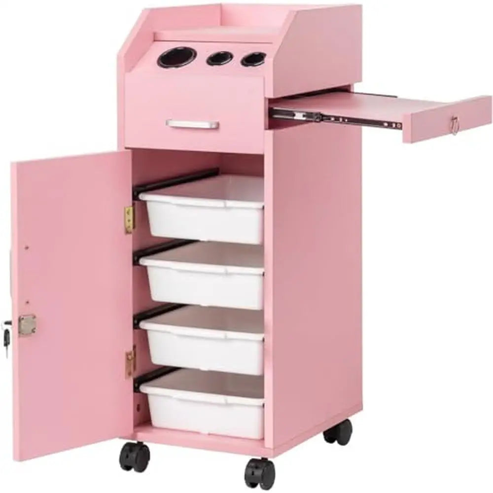 Hair Salon Trolley Cart with Lockable Wheels & 3 Hair Dryer Holders & 4 Drawers & Side Storage Tray Pink Cart