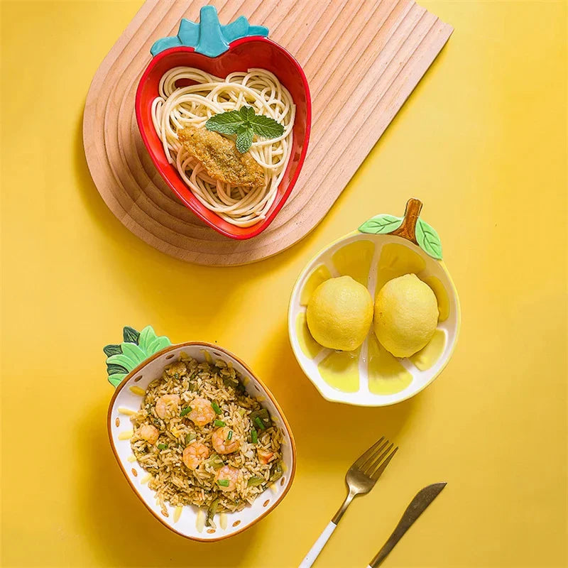 Hand Painted Fruit Shape Cute Fruit Salad Plate Creative Ceramic Bowl Pineapple Strawberry Lemon Ceramic Cutlery