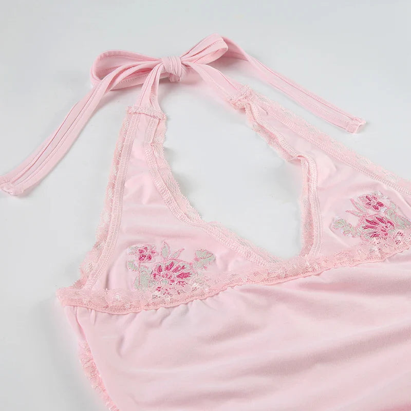 Sweet Embroidery Lace Trim Halter Tops Holiday Deep V-Neck Sleeveless Tank Tops