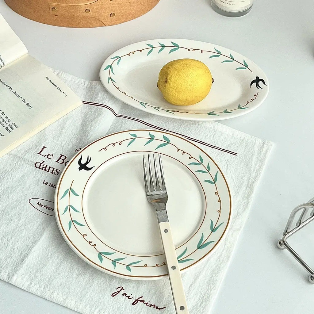 Gold Rim Leaf Pattern Round Serving Dishes Porcelain Kitchen Tableware