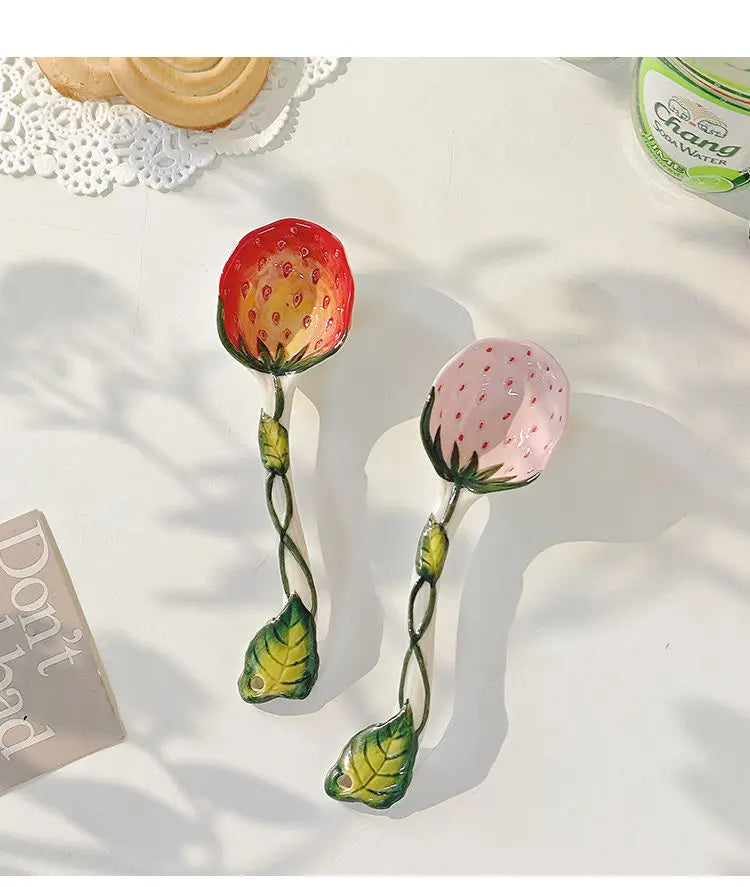Strawberry Ceramic Spoon, Watermelon Panda Underglaze Household Cute Long Handle Children Eat Dessert Spoons Tableware