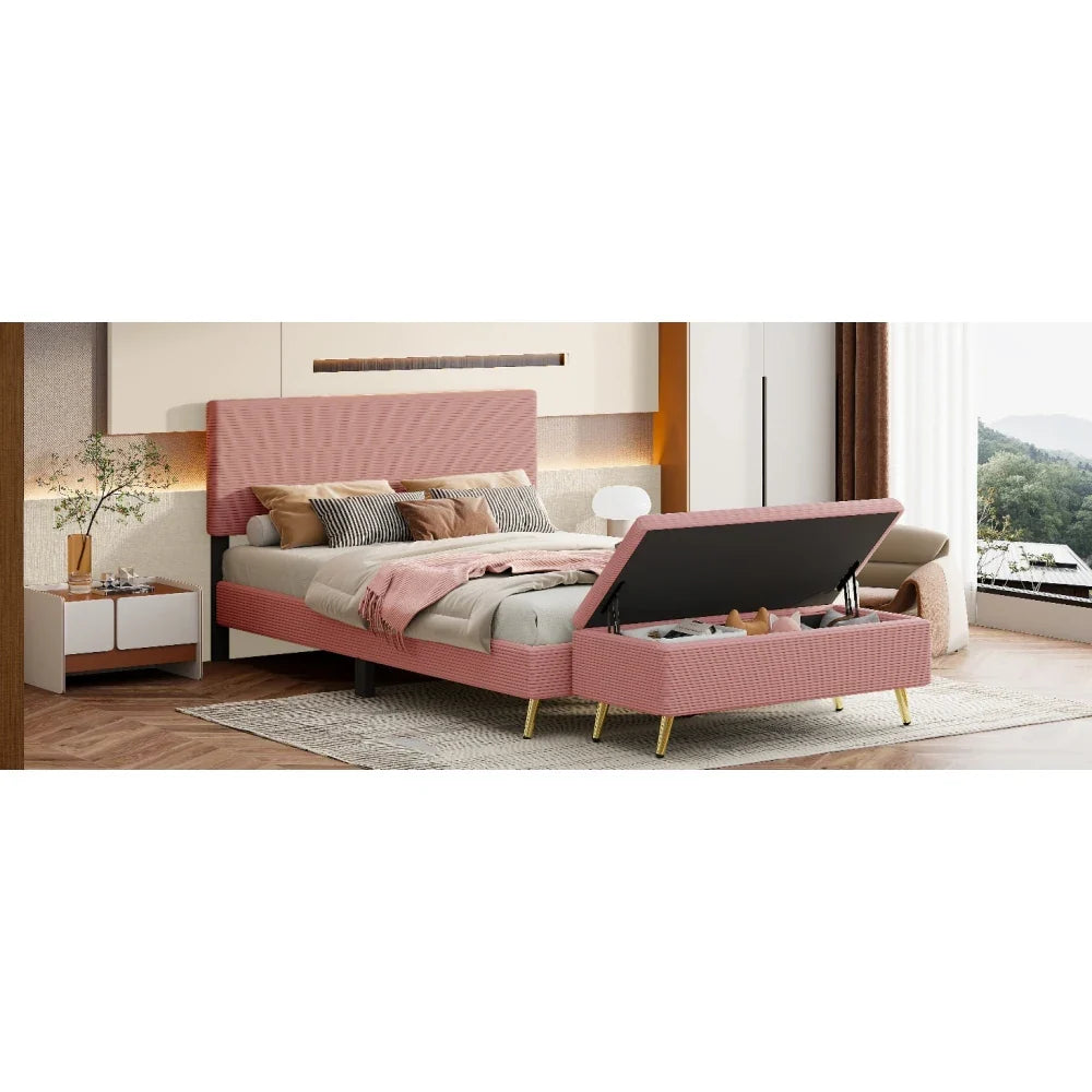 Pink 2 Pieces Bedroom Sets Queen Size Upholstered Bed Frame, Modern Corduroy Storage Ottoman