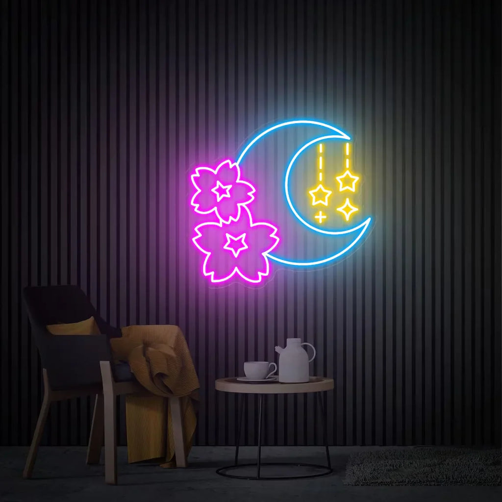 Sakura and Moon Neon Sign, Cherry Blossom