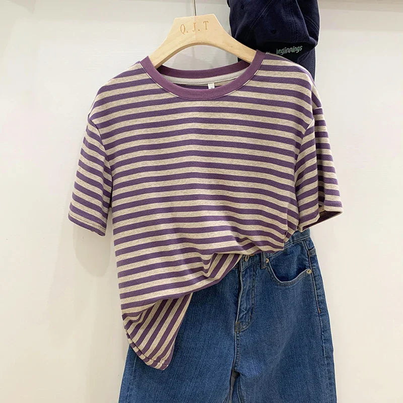Summer Short Sleeve Striped T-Shirts Versatile Women Knitted Basic Casual Tops Female Cozy Loose Cotton Tees