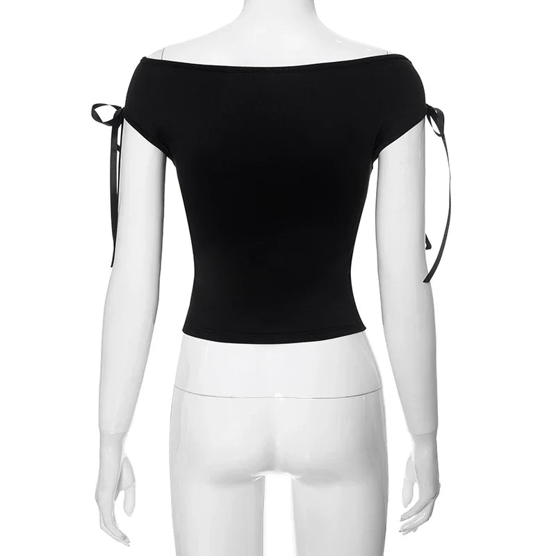 Summer Solid Color Sexy Off Shoulder Tops Lace Up Sleeveless T-Shirt Casual Slim Crop Top  Black Short Sleeve Women