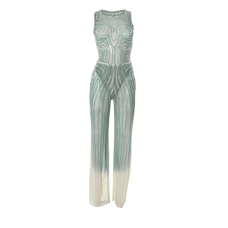 Geometric Print Patchwork 2 Piece Set Women o-Neck Skinny Bodysuit+Wide-leg Trousers Sexy Outfits