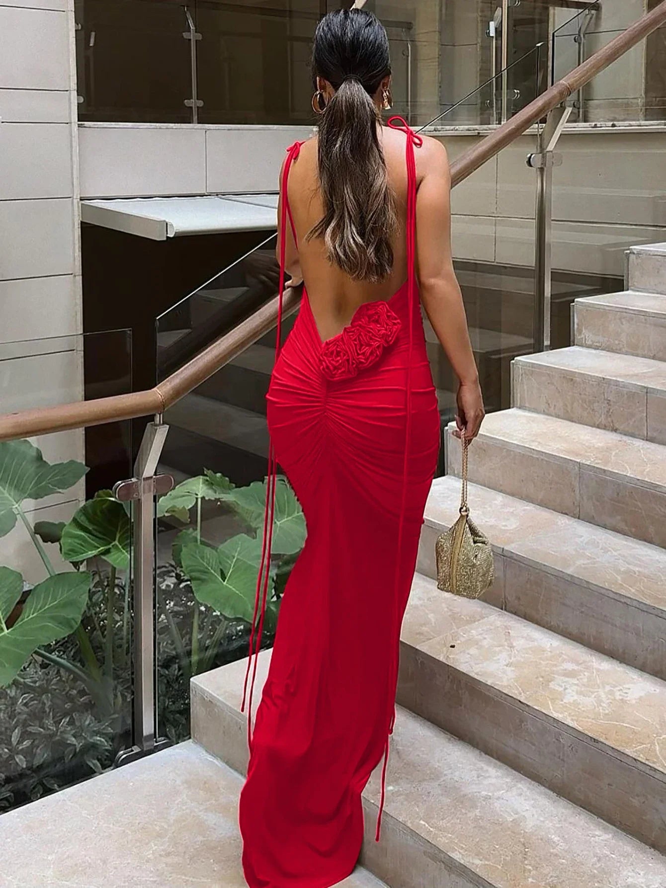 Sexy Backless Maxi Dress Women Spaghetti Strap Lace Up Solid