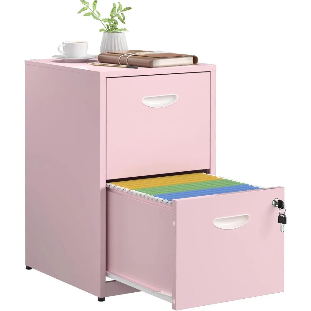 Pink 2 Drawer File Cabinet with Lock, Metal Office Drawers Filing Cabinet for Home Office, Filings Cabinets