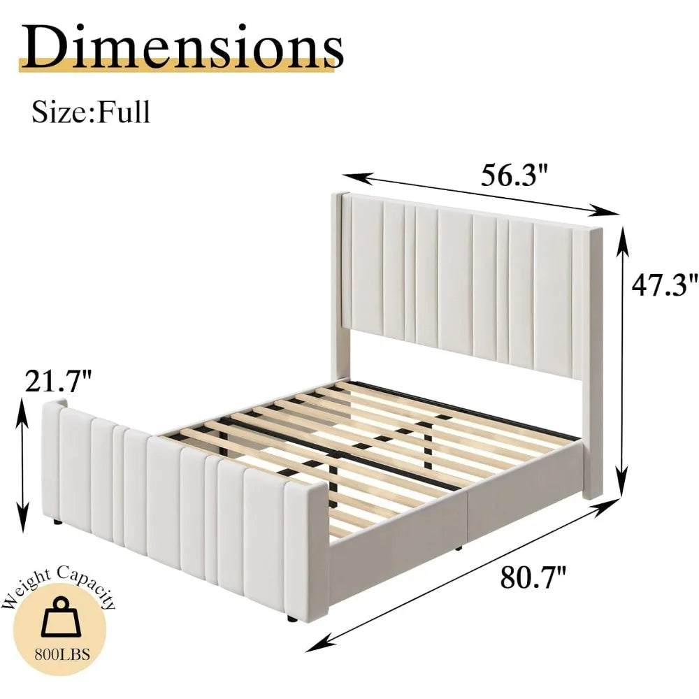 Soft Velvet Upholstered Bed Frame with Vertical Channel Tufted Wingback Headboard & Tall Footboard